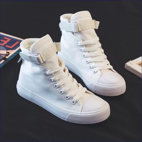 新款高邦平底布鞋夏女生高腰白球鞋少女初高中学生高帮帆布鞋搭扣