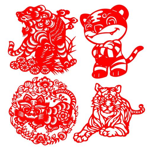 d681【一套4张 】a4a3宣纸毛毡植绒布动物窗花老虎刻纸剪纸成品