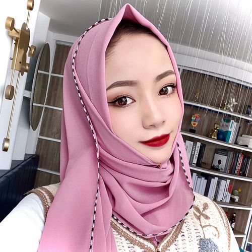 夏季穆斯林头巾新款运动风锁边长巾雪纺纱巾休闲百搭回族时尚盖头