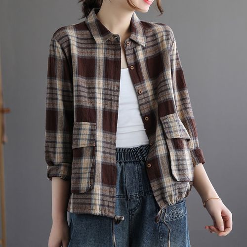 格子衬衫女2022年春秋新款外套短款宽松韩版长袖棉麻港味衬衣上衣【3