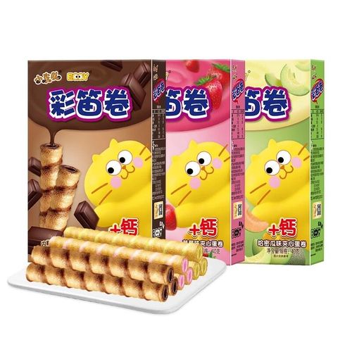 康师傅彩笛卷草莓哈密瓜巧克力40g*3盒威化夹心蛋卷加钙儿童蛋卷