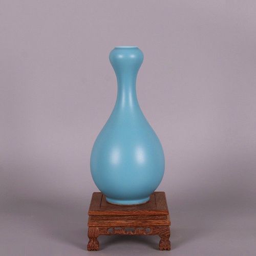 【官窑真品】清雍正年汝釉天青色蒜头瓶保真瓷器摆件全手工景德镇
