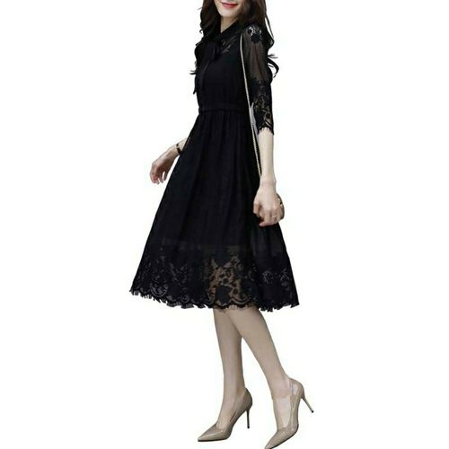 2020夏季新款女装韩版七分袖蕾丝连衣裙女黑色气质显瘦中长款裙子