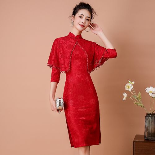 蕾丝红色结婚旗袍敬酒服新娘女短款中式礼服秋季中国风长袖回门服