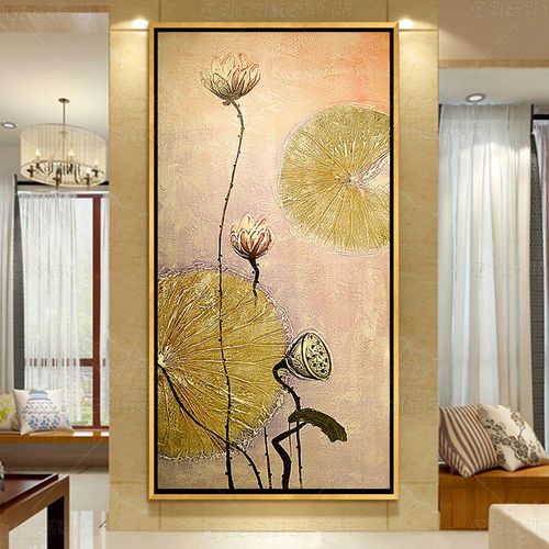 中式玄关装饰画东南亚荷花手绘油画走廊过道挂画抽象