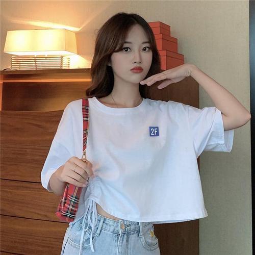 泫雅风短款短袖t恤女ins潮韩版宽松设计感小众抽绳露脐高腰上衣夏