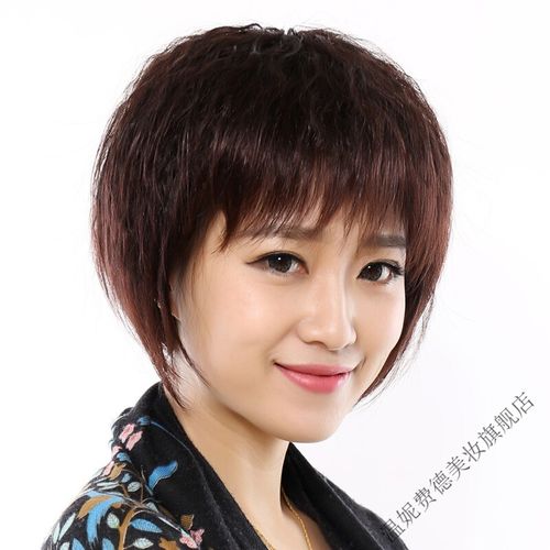 wnfd 假发真发假发中老年假发短发女妈妈假发斜刘海短卷发真人发丝 深