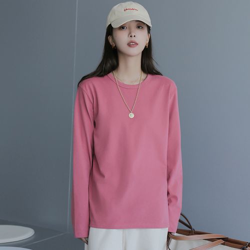 恒源祥桃红色磨毛棉软糯超柔长袖t恤2021春秋厚实显白纯色打底衫女内