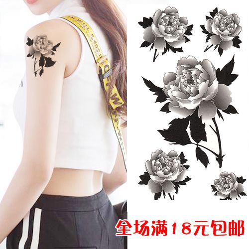 黑白玫瑰花纹身贴女防水持久性感逼真牡丹刺青图案胸部手臂遮疤痕