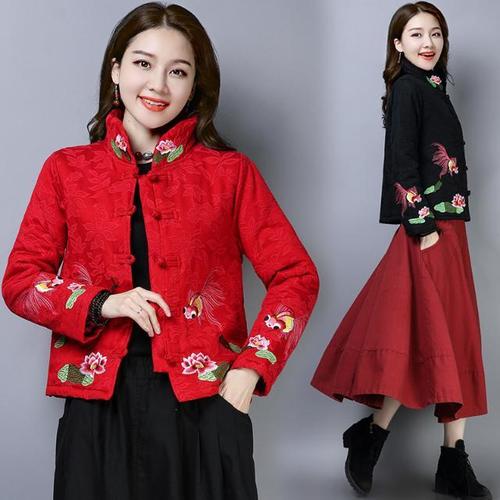 民族风棉服女短款夹棉外套女秋冬棉衣复古盘扣刺绣棉麻提花小棉袄