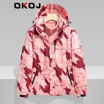 新款时尚迷彩印花冲锋衣男女加绒加厚保暖防风登山服外套 迷彩粉-女 m
