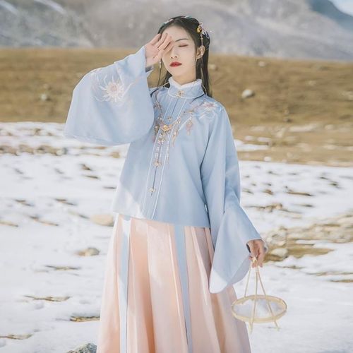汉服女绣花明制立领对襟袄裙齐腰保暖日常冬装女学生古装套装衣服