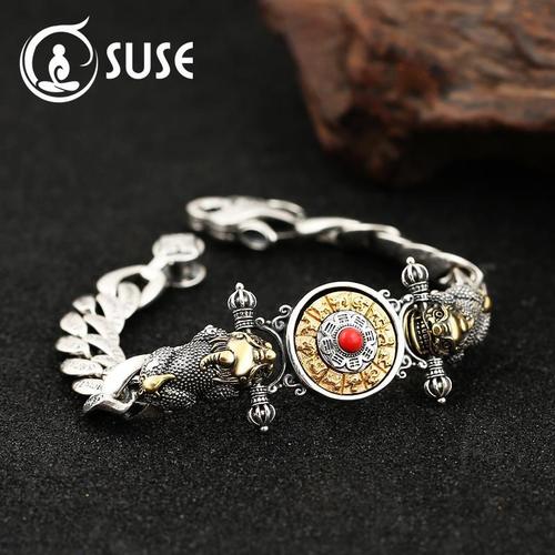 suse纯银s925泰银复古手链饰品男款霸气时尚招财貔貅九宫八卦手链