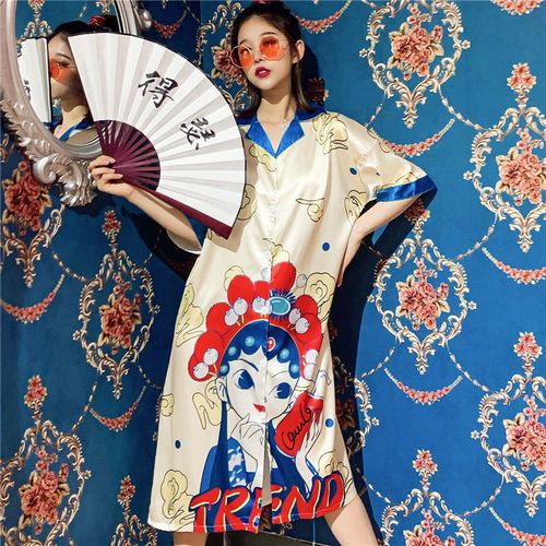 【睡袍女春秋长款】国潮风京剧脸谱睡衣女冰丝个性宫廷古风仿绸睡裙女