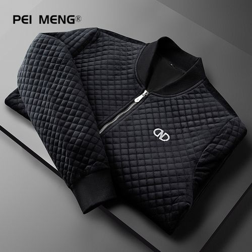 peimeng 香港潮牌欧洲站男装简欧秋冬季加厚保暖华夫格黑色休闲夹克男