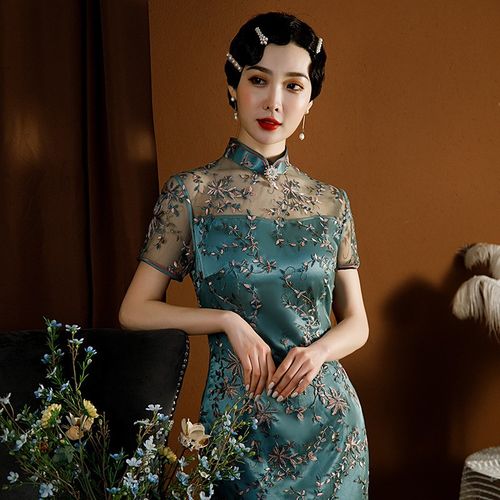 彪文 改良典雅旗袍连衣裙旗袍裙中长款蕾丝绣花丝绸露肩透气女士夏装