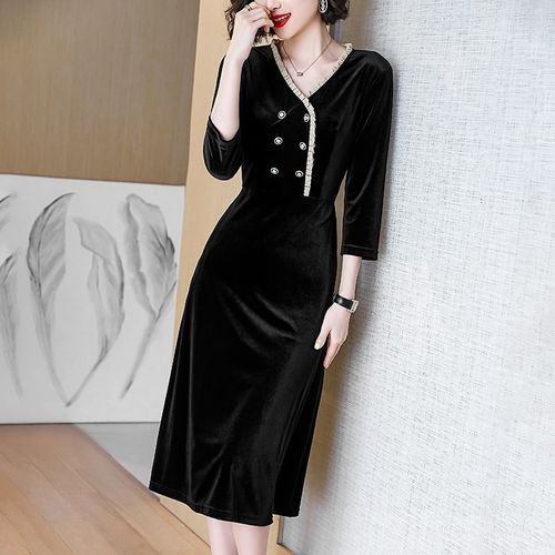 春秋新款黑色丝绒连衣裙女中长款秋季高档气质时尚收腰显瘦洋气裙