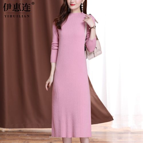 羊毛连衣裙女中长款2021秋冬新款时尚长袖圆领显瘦