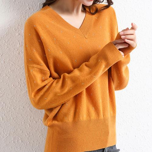 飞翔夫人2021春装新品羊毛衫女100纯羊毛鸡心领宽松毛衣洋气打底