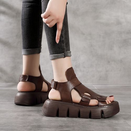 iyv劲王2022新款鱼嘴真皮凉鞋厚底中跟一字型罗马凉鞋魔术贴女鞋 棕色