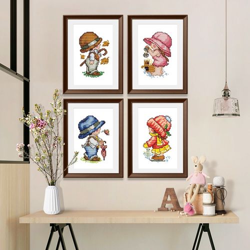 【京选好货】ks十字绣四季娃娃儿童房卧室卡通人物多联画新款线绣小幅