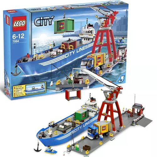 lego乐高7994城市系列 超级货运港口码头 运输船货轮塔吊积木玩具