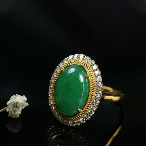 谷子家 18k金镶冰种满绿老翡翠 钻石戒指 老的翡翠大蛋面a7-1414