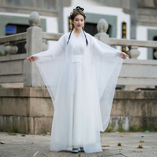 演出服成人白改良汉服女古装仙女仙气古风飘逸广袖流仙裙全套 白色 s