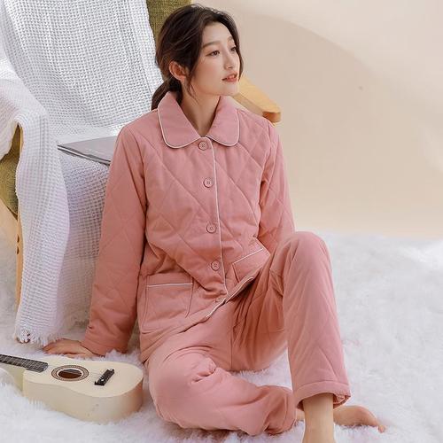 康妮雅秋冬季加厚家居服女套装3层夹棉睡衣纯棉棉袄保暖外穿居家【3月