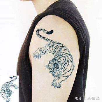 纹身贴男士手臂草本果汁纹身贴线条下山虎纹身贴防水男 老虎 猛虎下山