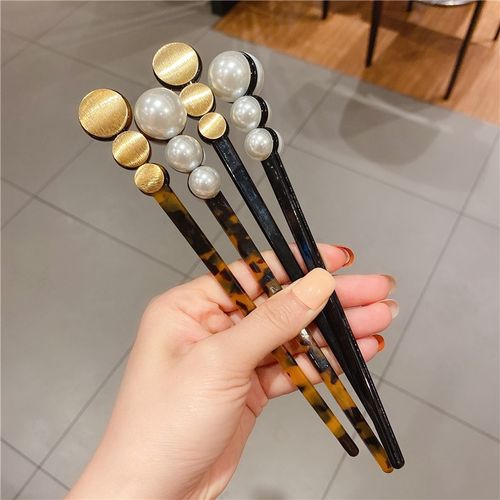 ins慵懒风玳瑁发簪复古法式珍珠金属簪子 日韩醋酸发饰古风头饰品