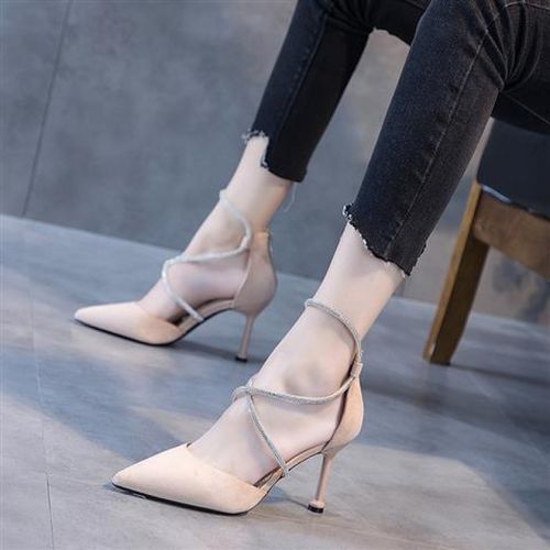仙女绑带高跟鞋细跟早春新款时尚百搭一字扣单鞋性感宴会鞋子 杏色 39