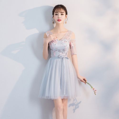伴娘礼服女2022新款韩版显瘦姐妹团短裙蓝灰色仙女气质连衣裙包邮