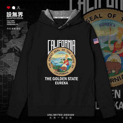 设无界 美国洲徽california加利福尼亚州连帽卫衣男女男装潮帽衫