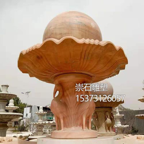 晚霞红石雕喷泉风水球大理石九龙户外庭院别墅流水生财摆件定制