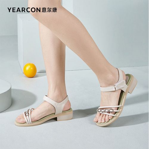 意尔康女鞋夏季新款户外休闲粗跟凉鞋女魔术贴一字带女凉鞋