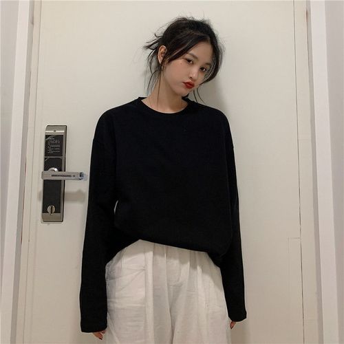 q春秋季装纯色长袖t恤女学生韩版宽松百搭打底衫冬ins外穿上衣服潮