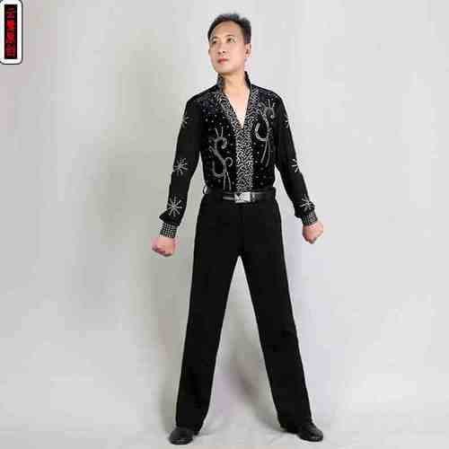 拉丁舞服男成年国标舞男士上衣赛服大人表演三步踩舞服装演出镶钻