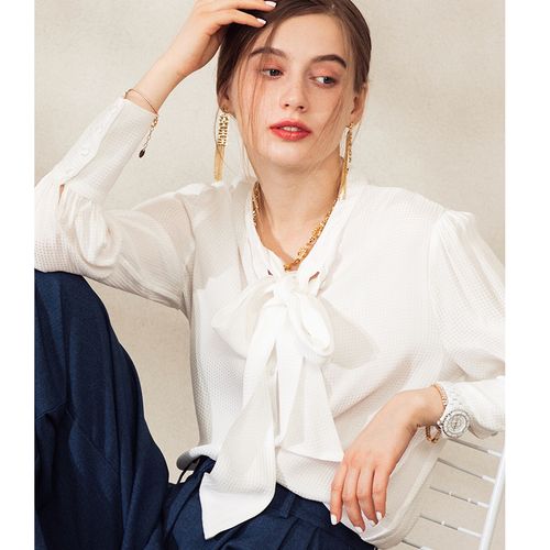 ai高定白月光 法式女神气质 真丝迷雾桑波缎重工飘带衬衫暗纹衬衣