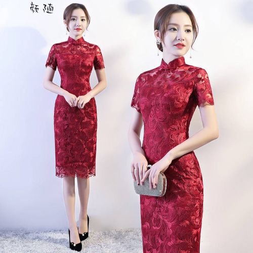 款大码新春夏旗袍女改良版中国风中长气质蕾丝旗袍连衣裙女 酒红色 l