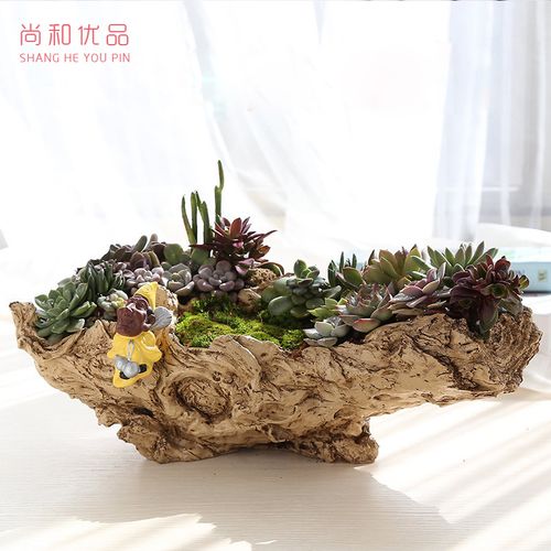 创意多肉花盆拼盘盆组合盆器树脂仿木树根花盆多肉植物个性