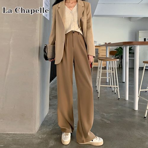 拉夏贝尔卡其色阔腿裤女春秋高腰宽松垂感拖地裤夏小个子休闲直筒西装