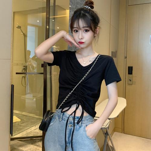 短款短袖t恤女韩版心机小众设计感抽绳露脐高腰怪味上衣ins潮网红