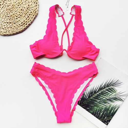 2021简约少女花边比基尼女性感v字钢托三角分体泳衣运动沙滩泳装