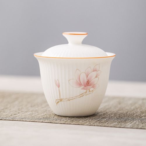 德化白瓷茶具羊脂玉哑光条纹陶瓷三才泡茶碗功夫盖碗茶杯