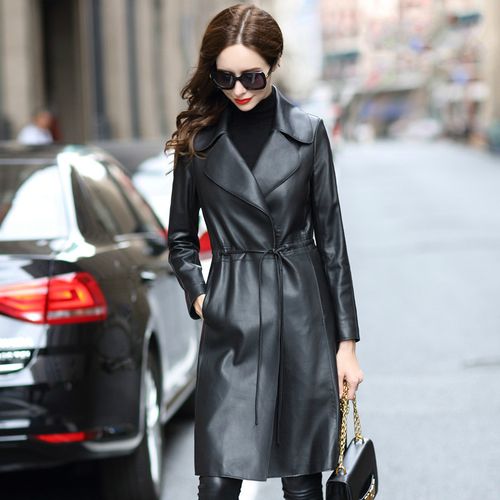 2022海宁秋季新款时尚简约真皮绵羊皮修身皮衣女中长款风衣外套