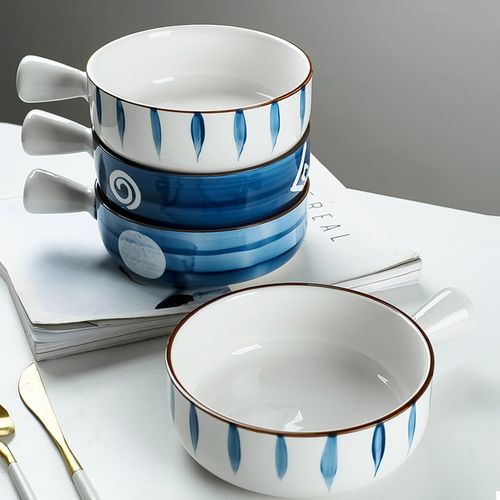 日式6寸手柄碗创意家用带手柄泡面碗烤箱烘焙碗早餐碗焗饭碗粥碗