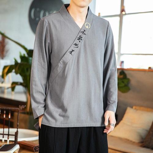 春季亚麻佛系男装上衣复古风改良交领汉服中国风棉麻长袖t恤男潮