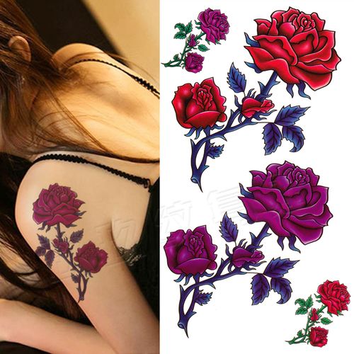 黑暗系纹身贴防水女 玫瑰花持久性感腰部 肩膀隐形刺青欧美纹身贴