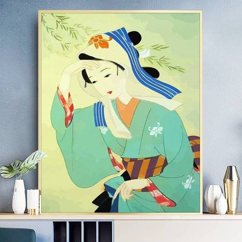 o缘色数字油工画diy手填色减压日本歌舞伎手绘人物画装饰油彩插画